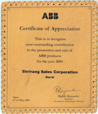 Acknowlegdement and Recognition for long-standing partnership and outstanding contribution to success of ABB India for the year 2004