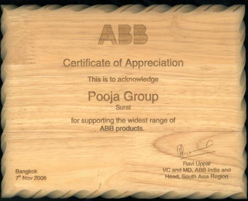 Certificate of Appreciation to Pooja Group for an Outstanding Contribution in Promotion and Sales of ABB Products - 2006