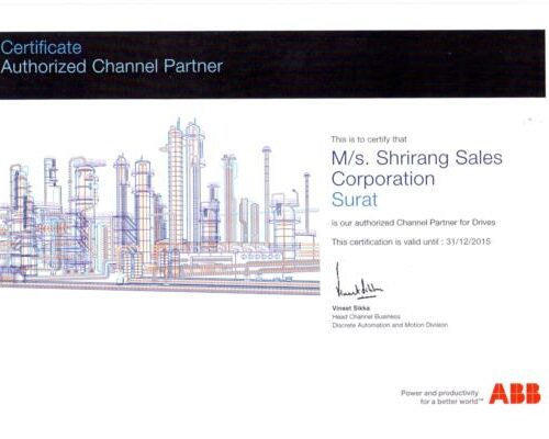 ABB Certify that M/s. Shrirang Sales Corporation are authorized Channel Partner of ABB Drives up to 31st December 2015.